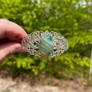 Silver Metal Filigree & Green Agate Stone Cuff Bracelet